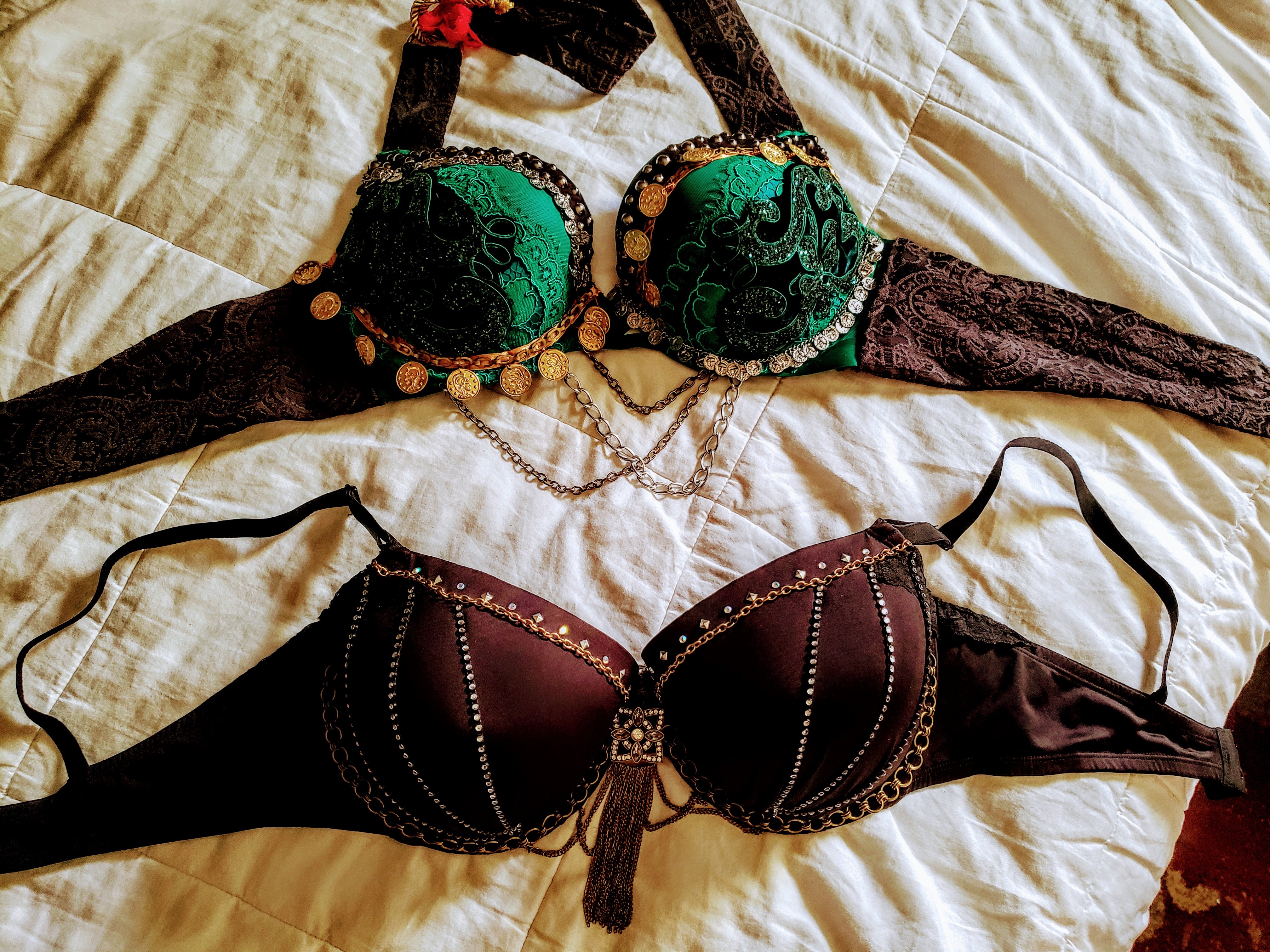 Examples of ATS and Fusion Belly Dance Coin Bras and Bustiers